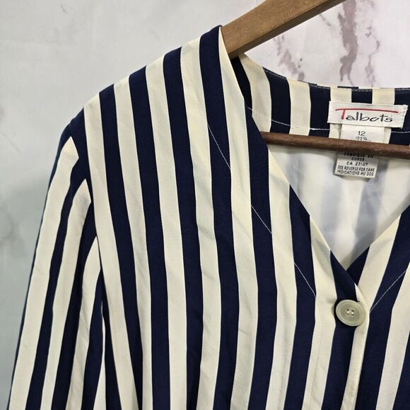 Vintage Silk Dress Womens Large 12 Navy Cream White Midi Maxi Striped Talbots - Picture 2 of 16